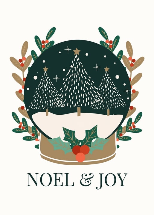 Illustrierte Weihnachtskugel mit Tannen in einem Stechpalmenkranz und dem Schriftzug „Noel & Joy“.