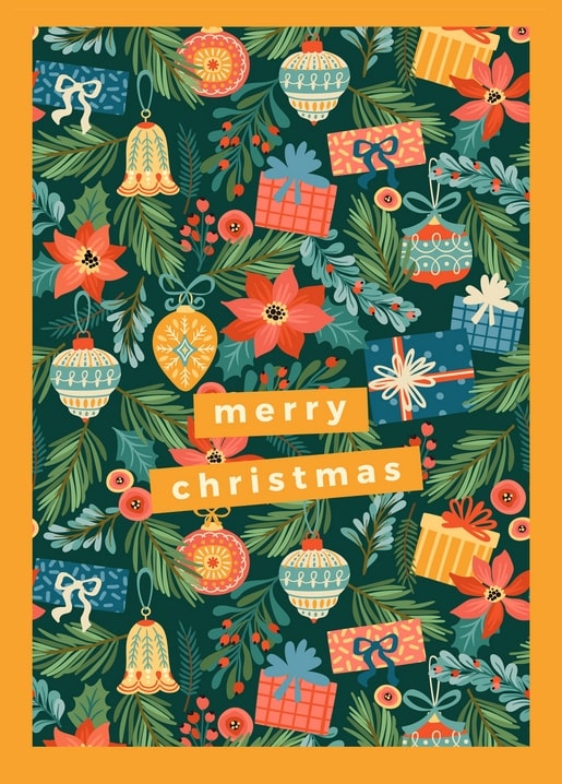 Weihnachtsmuster mit Christbaumkugeln, Geschenken, Weihnachtssternen und Tannenzweigen auf Grün
