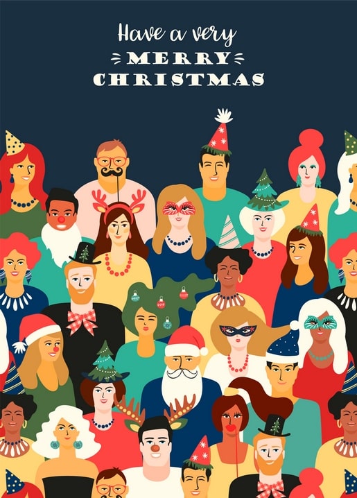 Illustrierte Menschenmenge in Nikolausmützen und Rentiergeweihen feiert eine Weihnachtsfeier