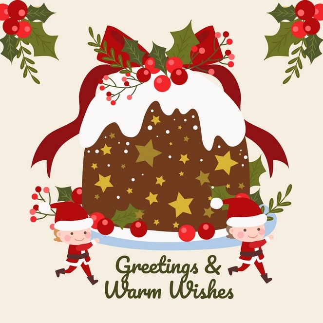 Weihnachtspudding mit Schleife und Stechpalme, getragen von zwei Elfen auf einem Tablett