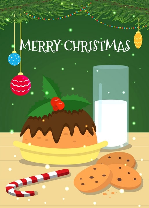 Illustrated Christmas pudding with holly, a glass of milk, cookies, and a candy cane