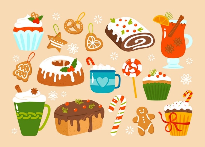 Flat-lay pattern of Christmas treats: gingerbread, cupcakes, cake roll, hot cocoa and candy canes