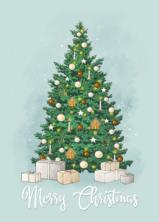 Illustrierter Weihnachtsbaum mit goldenen und weißen Kugeln und Geschenken darunter