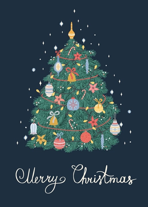 Illustrierter Weihnachtsbaum mit Zuckerstangen und Kugeln auf dunkelblauem Hintergrund