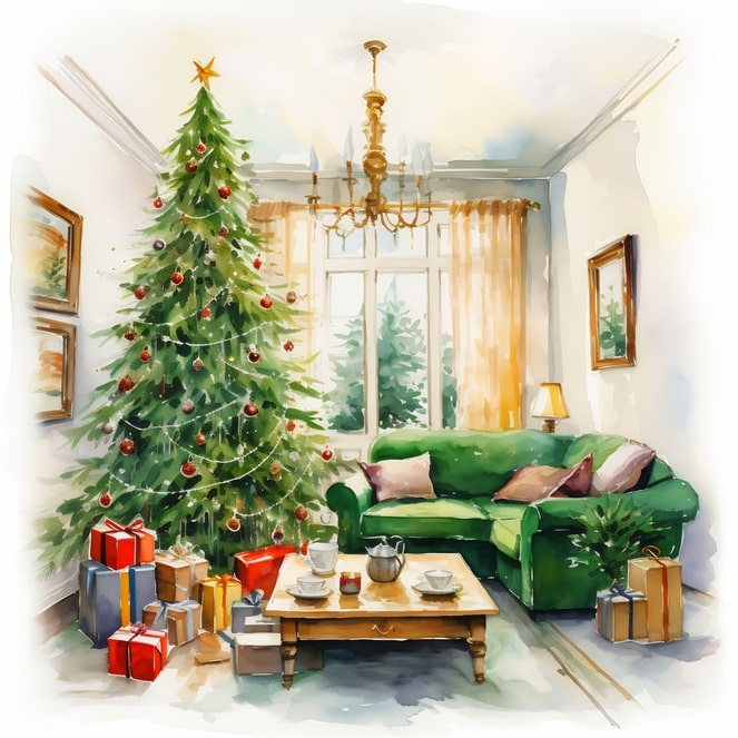Aquarellillustration eines Weihnachtsbaums mit Teeservice und Geschenken in einem gemütlichen Wohnzimmer mit grünem Sofa.