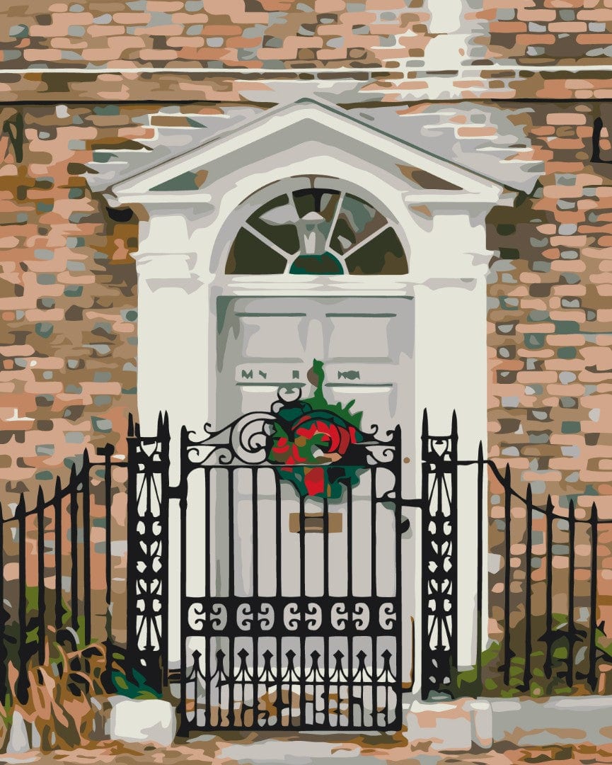 Illustration of a red wreath on a white paneled door behind a black wrought-iron gate