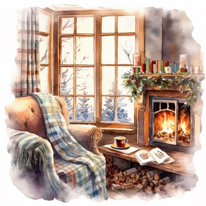 Illustration eines Kaminzimmers mit Kakaobecher, Buch und Tannengirlande am Sims