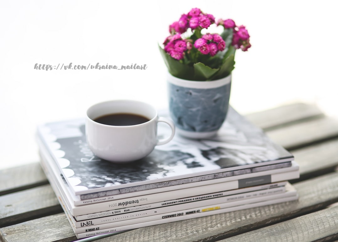 Weiße Kaffeetasse und rosa Blumen in blauer Vase auf einem Stapel Designmagazine