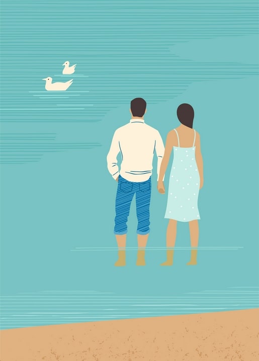 Illustriertes Paar von hinten, Hand in Hand am Strand, zwei Vögel auf dem Wasser