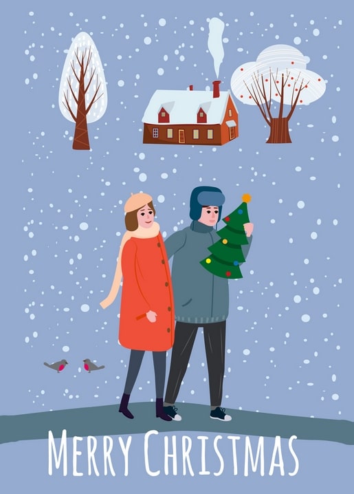 Illustriertes Paar trägt einen Weihnachtsbaum durch Schnee an einem Haus vorbei
