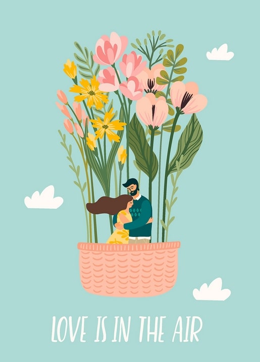 Illustriertes Paar umarmt sich in einem Korb unter einem Blumenstrauß in Ballonform