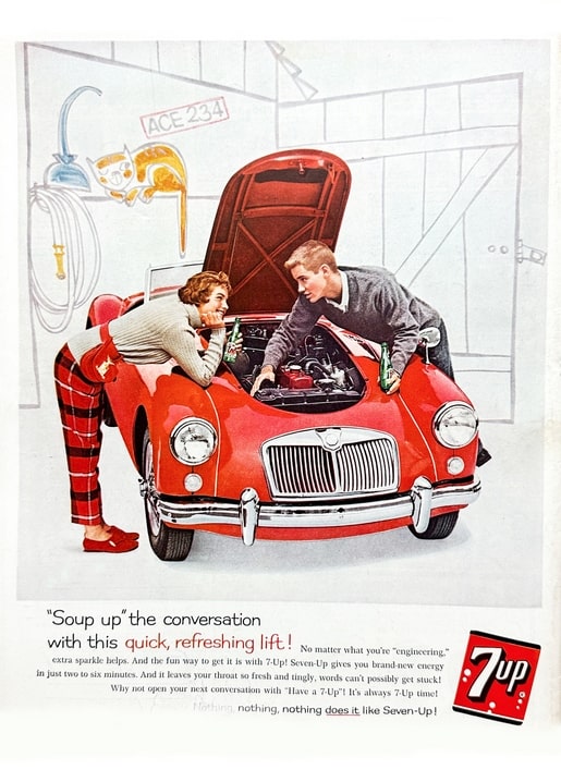 Vintage 7Up ad postcard: a couple leaning over a red convertible's engine in a garage