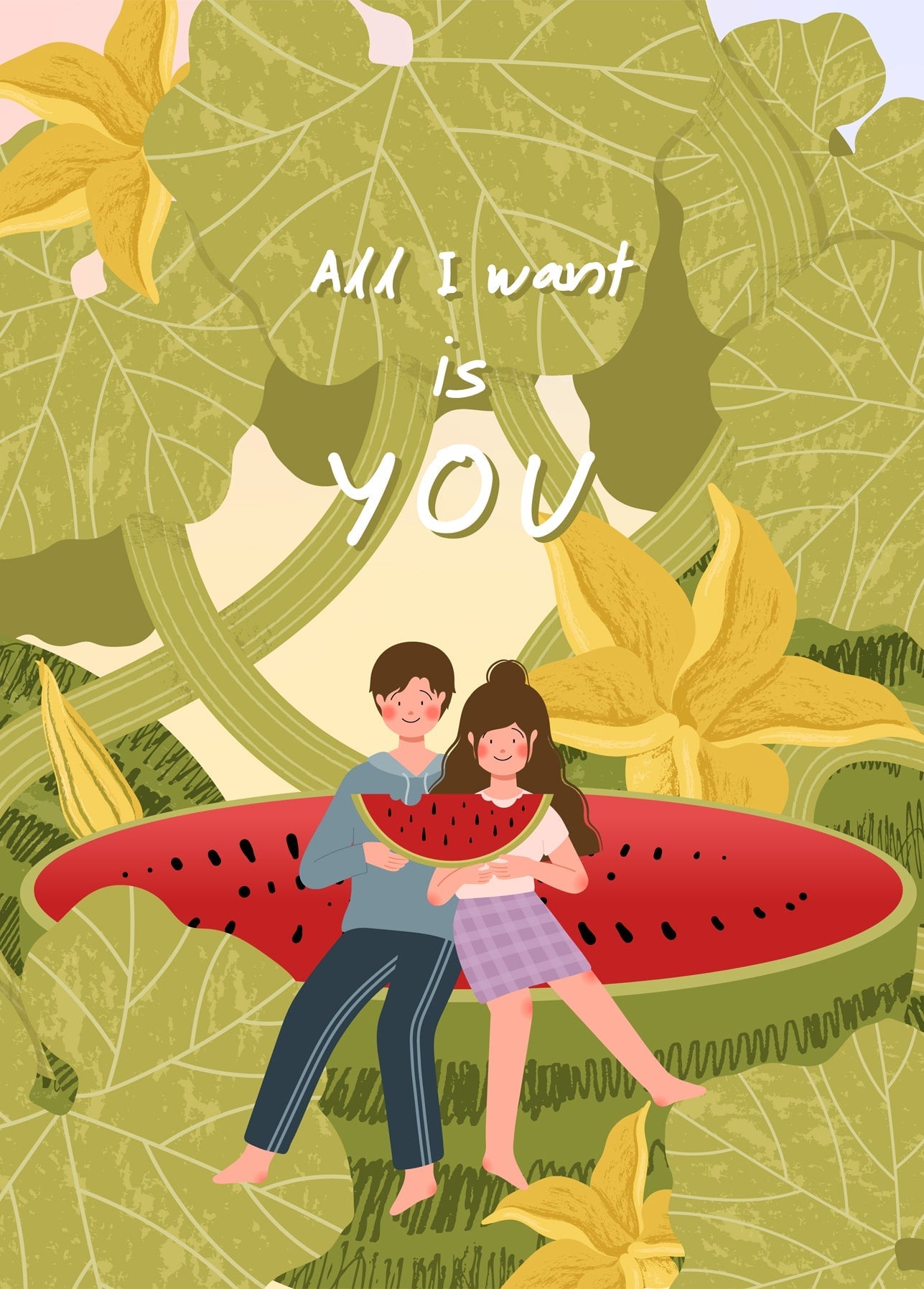 Paar sitzt auf einer Wassermelonenscheibe zwischen Kürbisblüten mit Schriftzug „All I Want Is You“