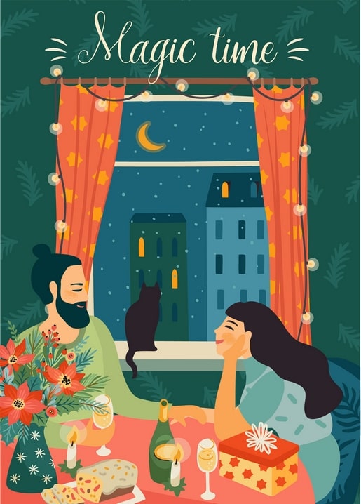 Paar hält Hände am festlich gedeckten Tisch, schwarze Katze auf dem Fenstersims, verschneite Stadt, Schriftzug „Magic Time“.