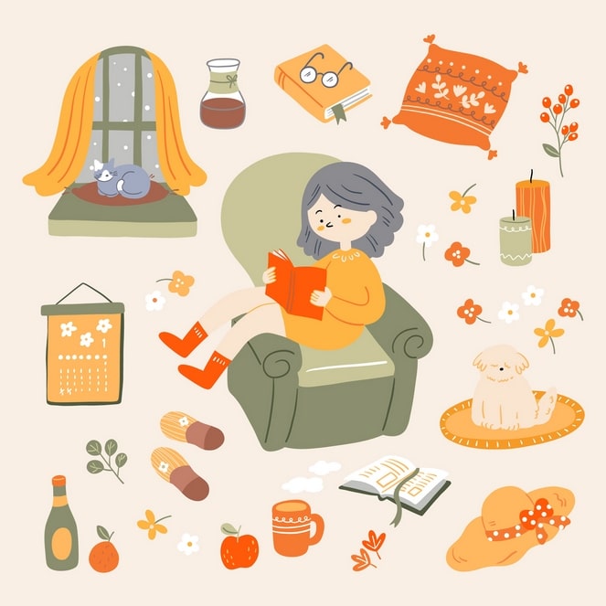 Gemütliche Herbstillustration: Frau liest im Sessel mit Katze, Welpe und Kaffee