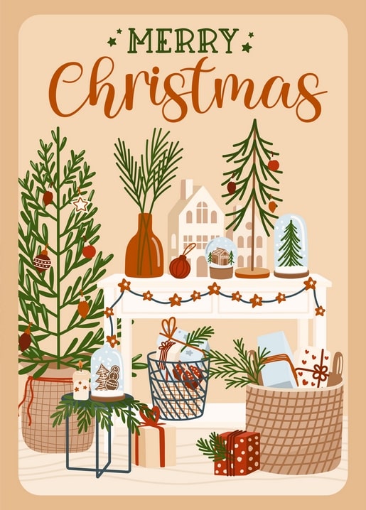 Illustrierte Weihnachtstisch-Szene mit Bäumchen, Keramikhaus, Schneekugeln und Geschenkkörben