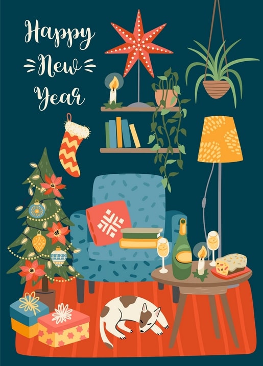 Neujahrspostkarte mit Weihnachtsbaum, Sessel und schlafendem Hund im gemütlichen Wohnzimmer