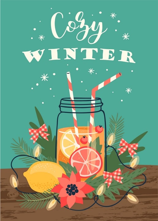 Illustriertes Einmachglas mit Zitrus-Punsch, Weihnachtsstern und Lichterkette, Postkarte „Cozy Winter“