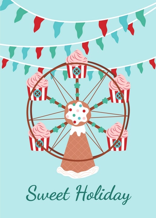 Ferris wheel made of cupcakes around a donut on a waffle cone, with bunting flags and “Sweet Holiday” text