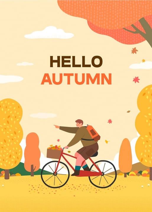 Cyclist riding a country road with a basket of autumn leaves and flowers
