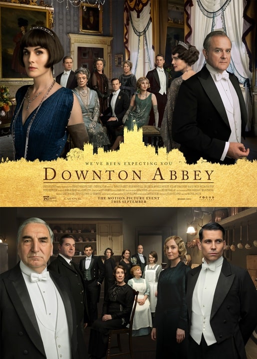 Downton-Abbey-Poster: goldenes Familienporträt über dem Titel, darunter das Personal