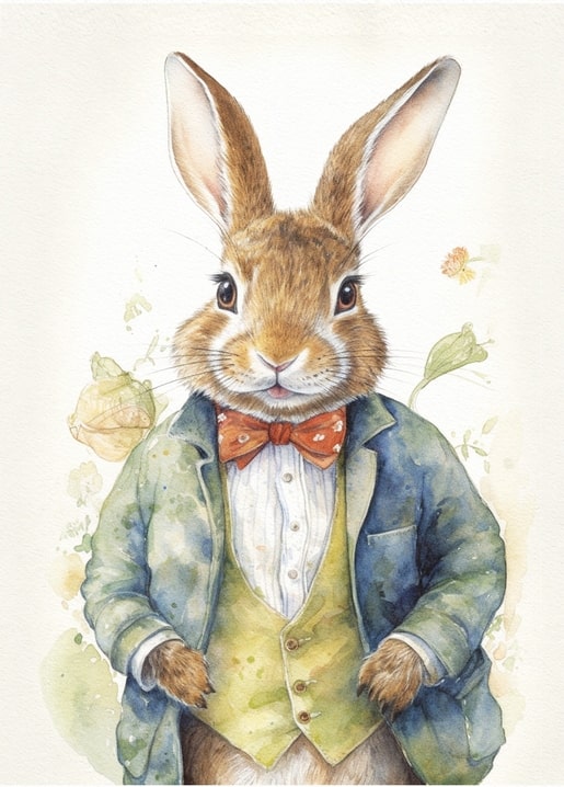 Watercolor illustration of a rabbit dressed in a jacket, waistcoat and bow tie