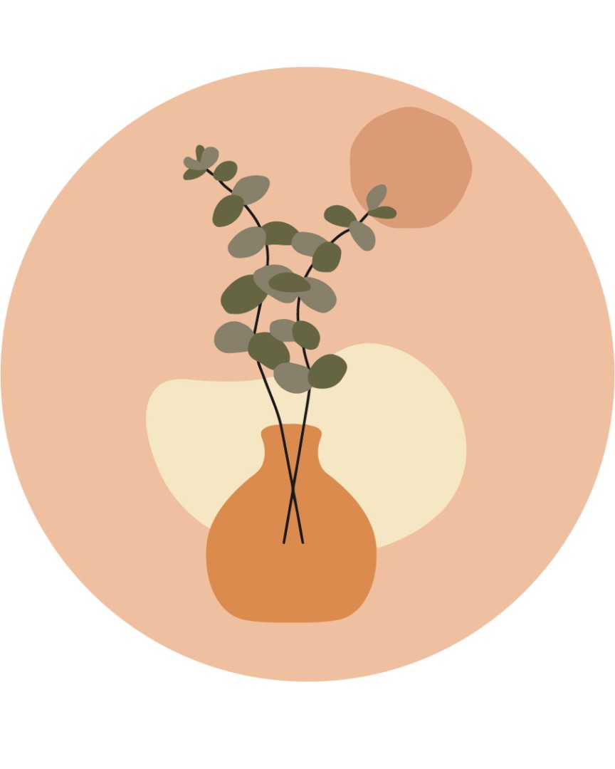 Round paint-by-numbers canvas of eucalyptus branches in a terracotta vase