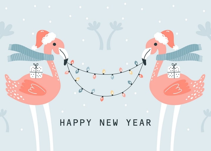 Two pink flamingos in Santa hats holding gift boxes and fairy lights