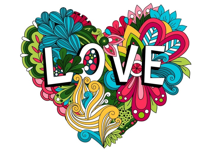 Zentangle-Blumenherz in Türkis, Koralle und Gelb mit Schriftzug „Love“