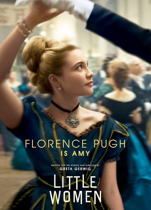 Florence Pugh als Amy tanzt im blauen Kleid auf einem Ball, Szene aus Little Women