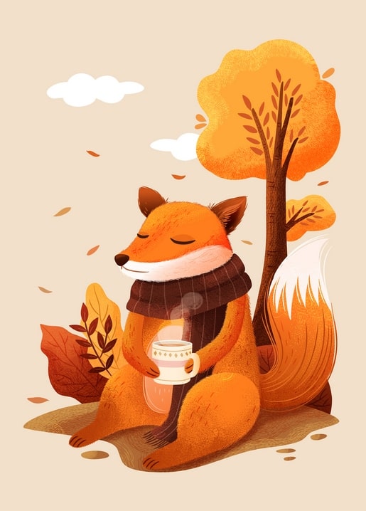 Illustrated fox wrapped in a scarf drinking from a mug under an orange autumn tree