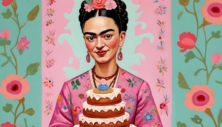 Frida Kahlo holding a tiered chocolate cake against a rose-patterned wallpaper