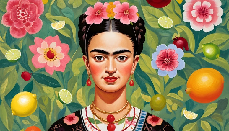 Illustrated postcard of Frida Kahlo surrounded by citrus fruit, pomegranate and pastel flowers