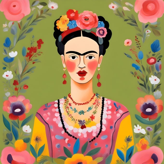 Illustrated portrait of Frida Kahlo framed by a pink and yellow floral wreath