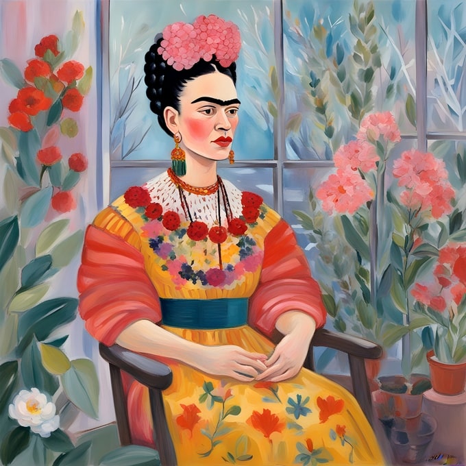 Illustrated portrait of Frida Kahlo seated by a garden window in a yellow floral dress