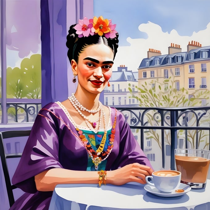 Frida Kahlo drinking coffee on a lilac Parisian balcony with rooftop chimneys behind her