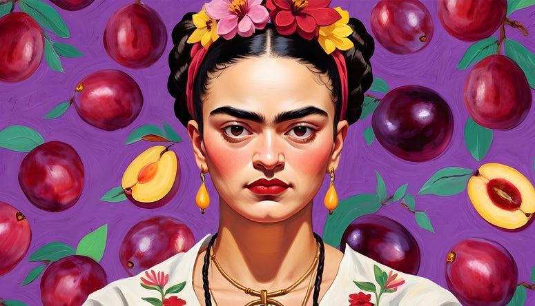 Frida Kahlo illustrated portrait with ripe purple plums on a violet background