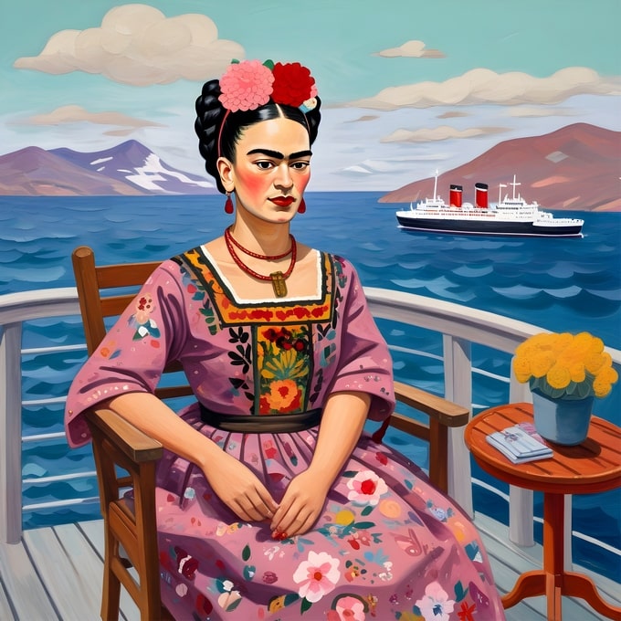 Illustrated postcard of Frida Kahlo on a ship deck with the sea and a passing cruise liner