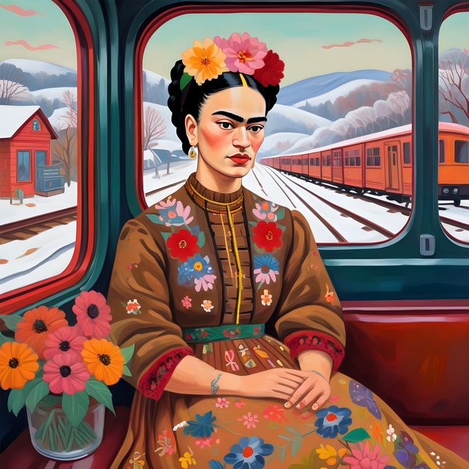 Illustration of Frida Kahlo riding a vintage train through a snowy winter landscape