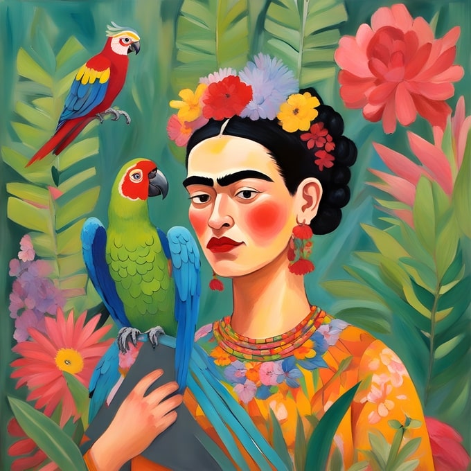 Illustrated postcard of Frida Kahlo with a scarlet macaw and a green macaw among tropical leaves