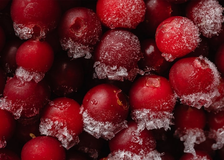 Nahaufnahme von raureifbedeckten roten Cranberries