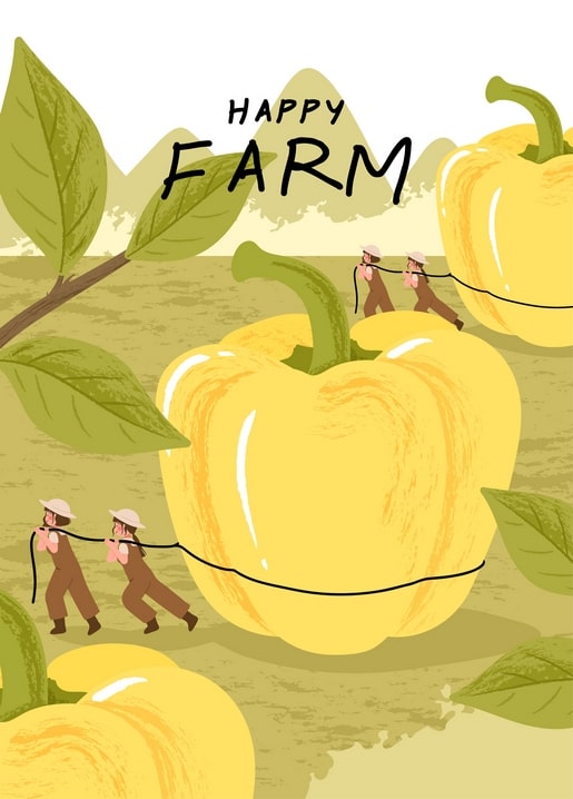 Winzige Bauern ziehen eine riesige gelbe Paprika über ein Feld, Happy-Farm-Illustration