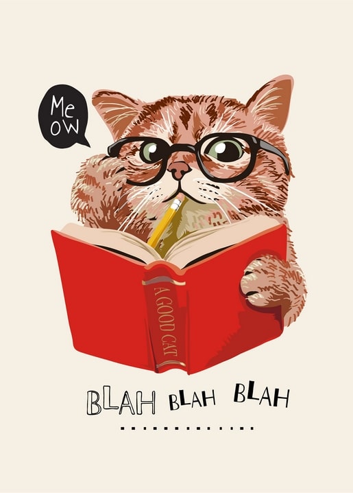 Rote Katze mit Brille liest ein rotes Buch mit Bleistift im Maul