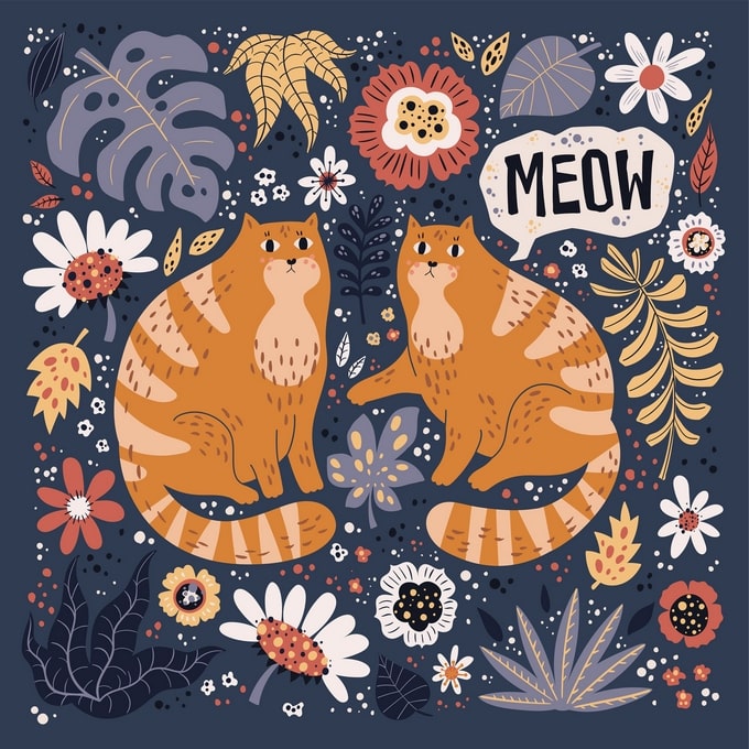 Two ginger tabby cats sitting among folk-art flowers on a navy background, one saying “Meow”