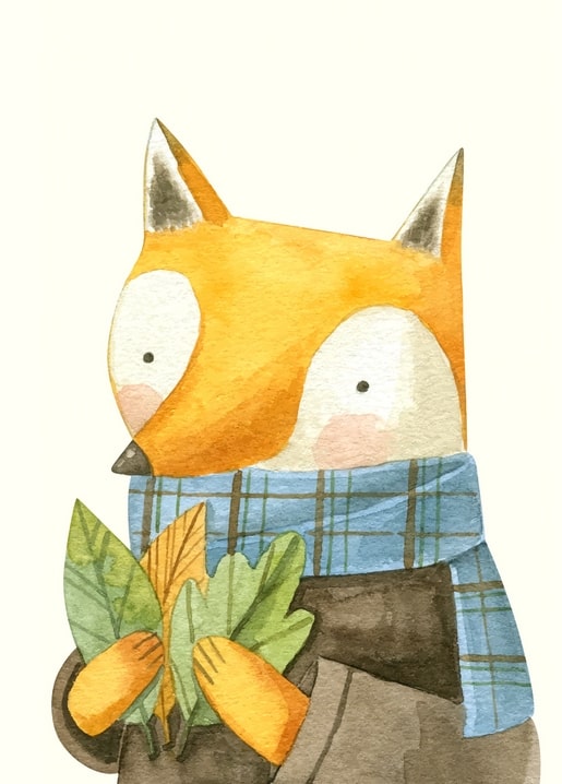 Illustration of a ginger fox in a blue plaid scarf holding a bundle of carrots