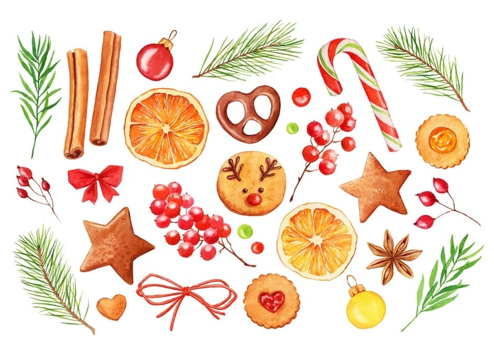 Lebkuchen, Orangenscheiben, Zimtstangen und rote Johannisbeeren als Weihnachts-Flatlay