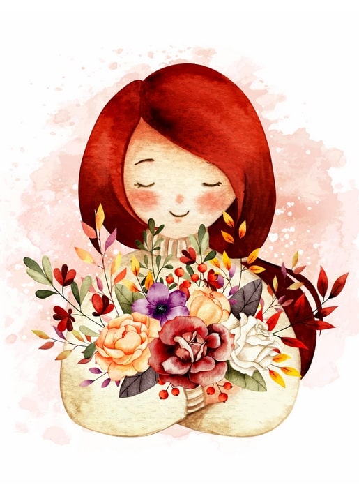 Акварельна рудоволоса дівчина тримає букет осінніх троянд і хризантем
