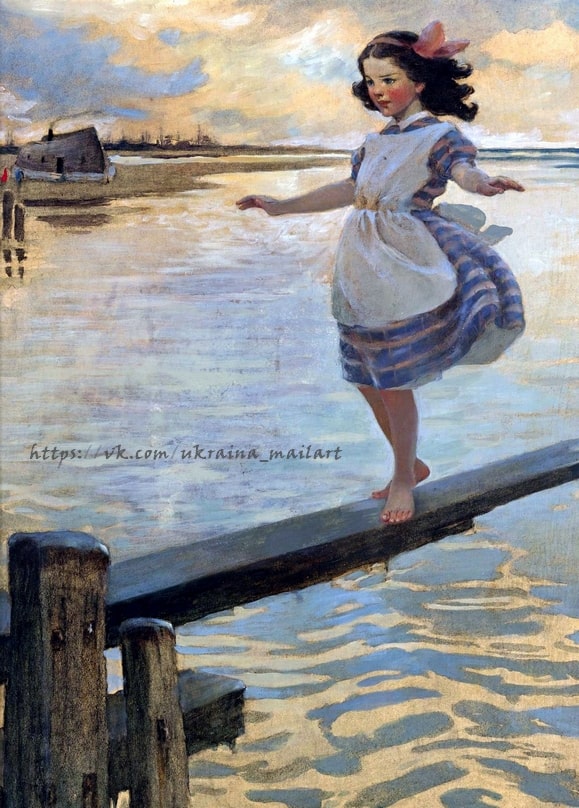 Illustration eines barfüßigen Mädchens auf einem Steg bei Sonnenuntergang, von Jessie Willcox Smith
