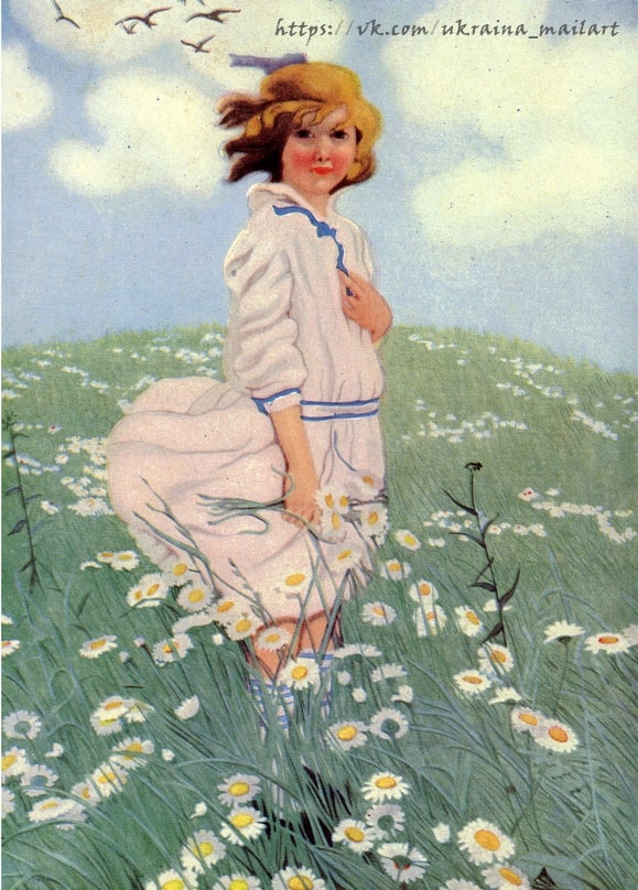Mädchen im weißen Kleid zwischen Margeriten, darüber fliegende Vögel, Illustration von Jessie Willcox Smith