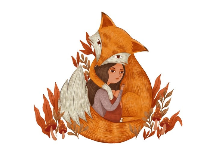Aquarellillustration eines Mädchens in der Umarmung eines großen Fuchses zwischen Herbstlaub und Pilzen
